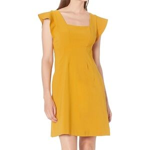 Lark & Ro Stretch Twill Flutter Sleeve Square Neck Fit and Flare Dress Mustard